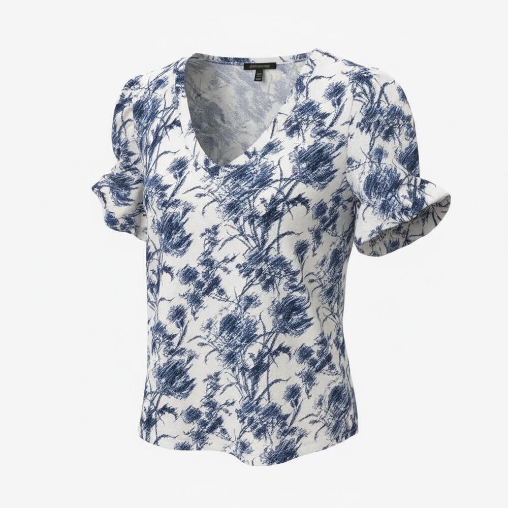 INC International Concepts Phoebe Blooms Print Blue/White Puff SleeveTop Size L
